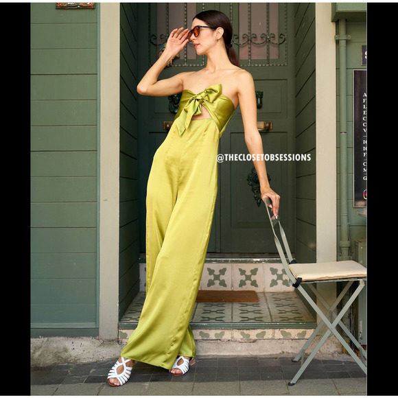 ZARA Strapless Wide-Leg Jumpsuit NWT | Bow Detail Cutout Green M - Picture 9 of 16
